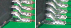 Figure 3. Two examples of bare copper OSP boards: one with SAC alloy on copper (left) and the other on silver immersion (right); both QFPs were reflowed in air, using a no-clean paste ROLO type flux